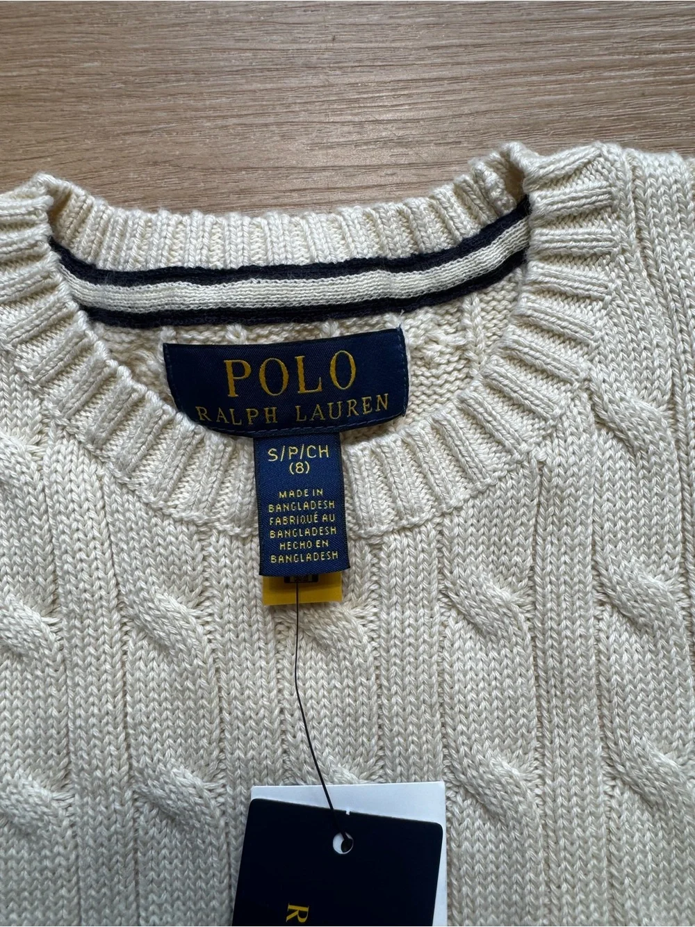 Polo by Ralph Lauren Cream Cable Knit Crewneck Sweater with Navy Pony